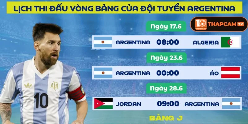 Cập nhật lịch thi đấu của Đội hình tuyển Argentina World Cup 2026.