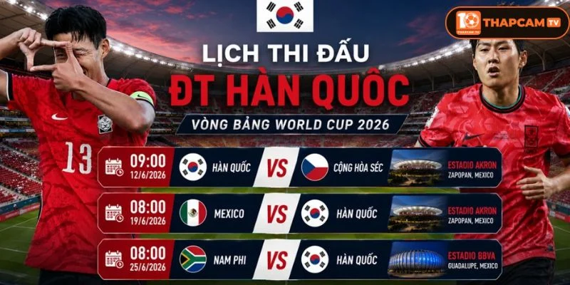 Cập nhật lịch thi đấu vòng bảng của tuyển Hàn Quốc tại WC 2026 mới nhất.