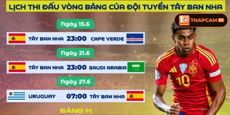 Cập nhật lịch thi đấu chính thức của Đội hình tuyển Tây Ban Nha World Cup 2026.